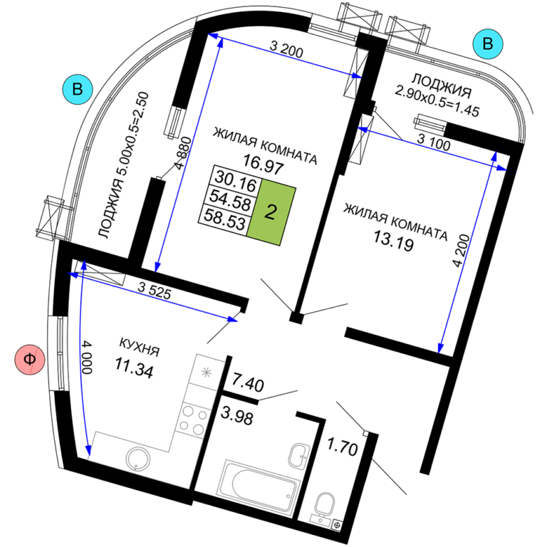 2 комнатная, 58 м²