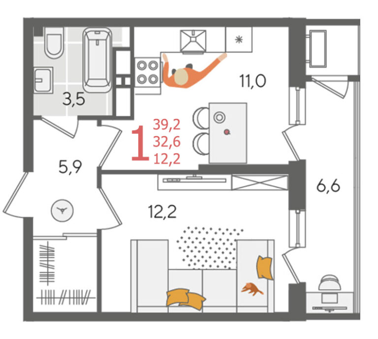1 комнатная, 39 м²