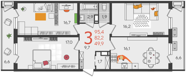 3+ комнатная, 95 м²