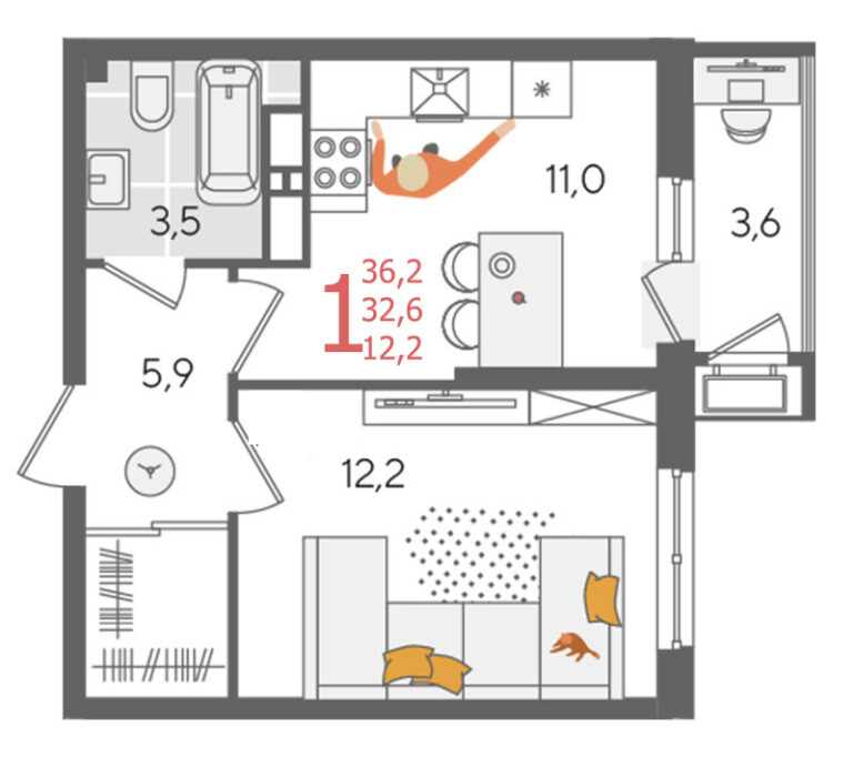 1 комнатная, 36 м²