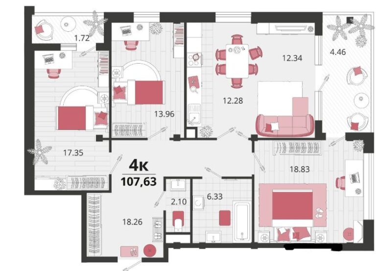 3+ комнатная, 108 м²
