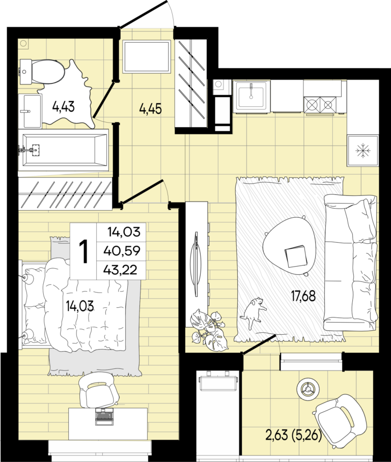 1 комнатная, 43 м²