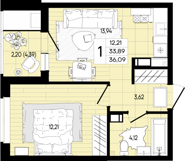 1 комнатная, 36 м²