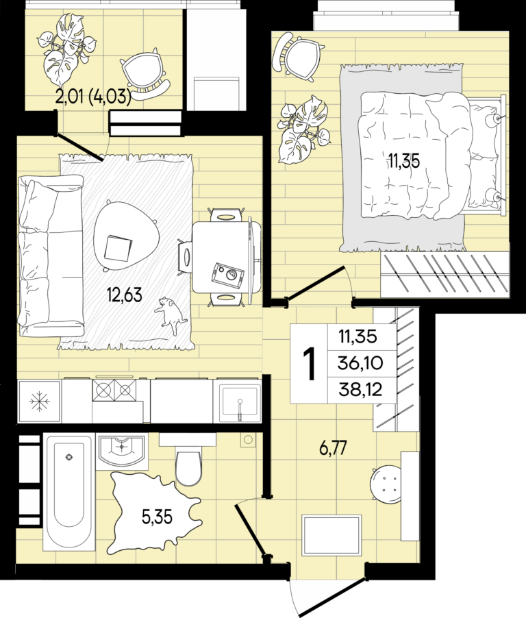 1 комнатная, 38 м²