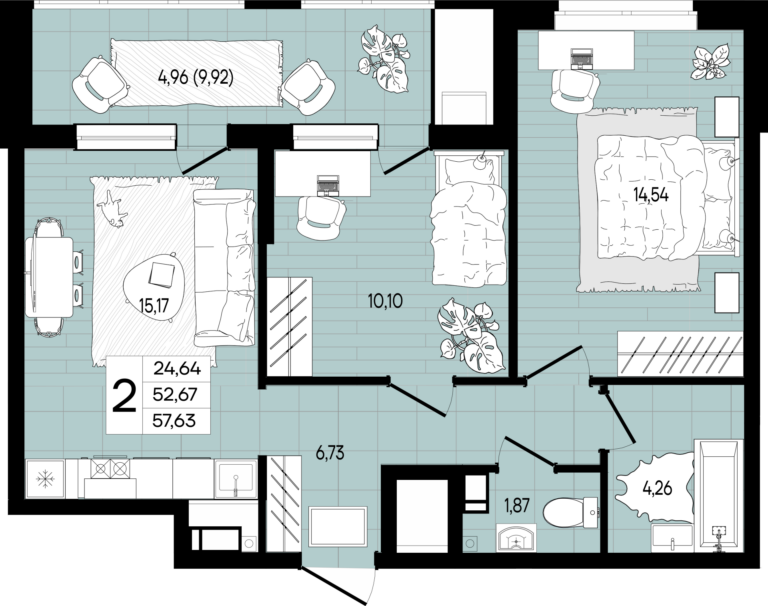 2 комнатная, 58 м²