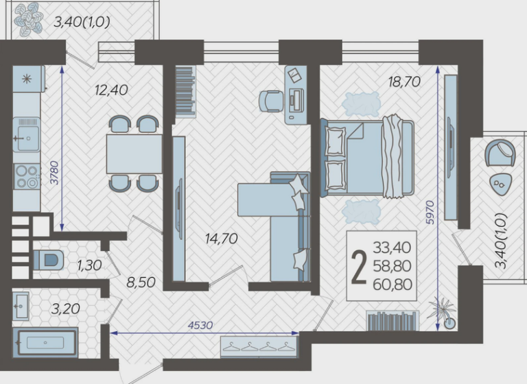 2 комнатная, 61 м²