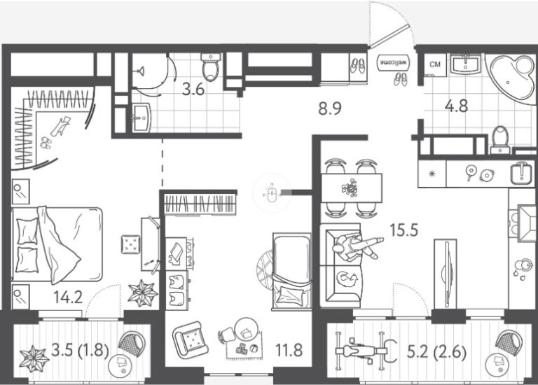 2 комнатная, 63 м²