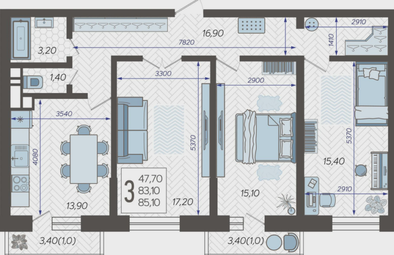 3+ комнатная, 85 м²