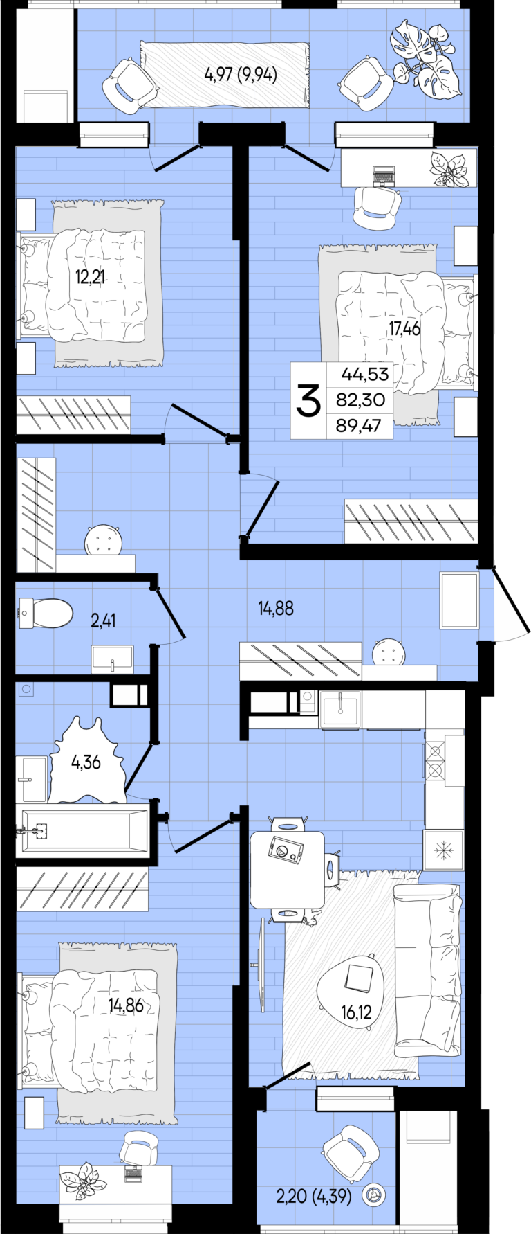 3+ комнатная, 89 м²