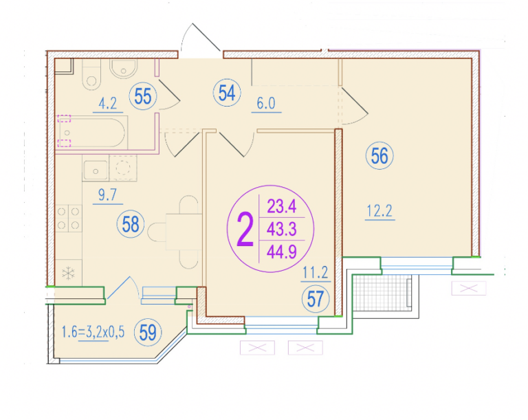 2 комнатная, 45 м²