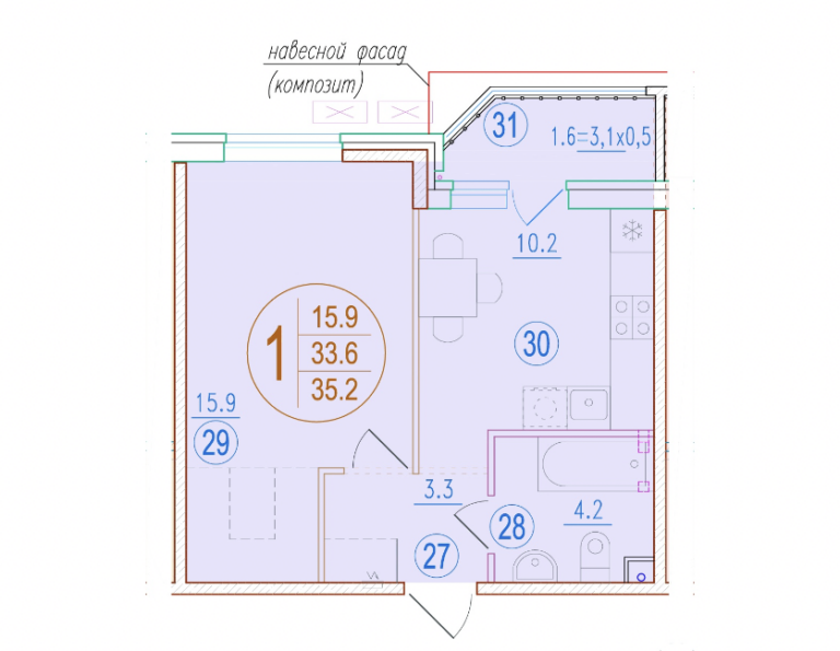 1 комнатная, 35 м²