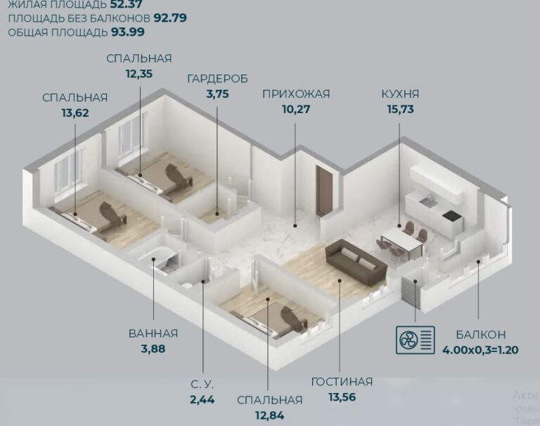 3+ комнатная, 94 м²