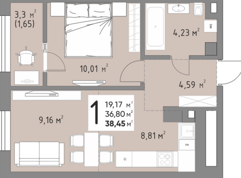 1 комнатная, 38 м²