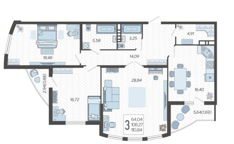 3+ комнатная, 110 м²