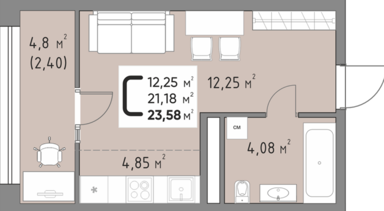 Студия, 23 м²