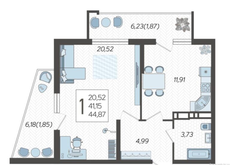1 комнатная, 44 м²
