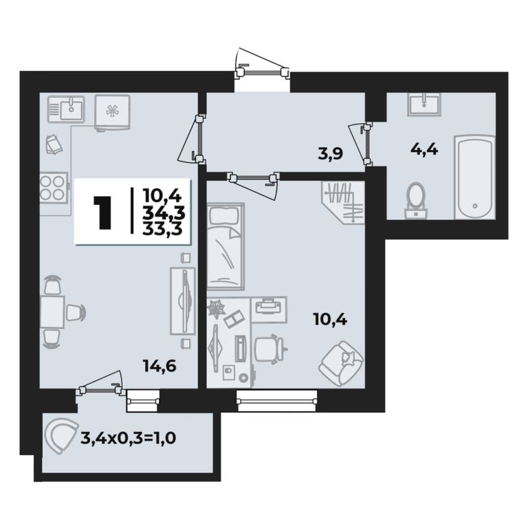 1 комнатная, 34 м²