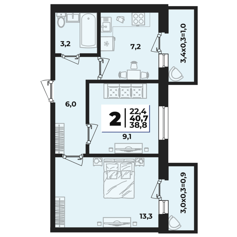2 комнатная, 41 м²