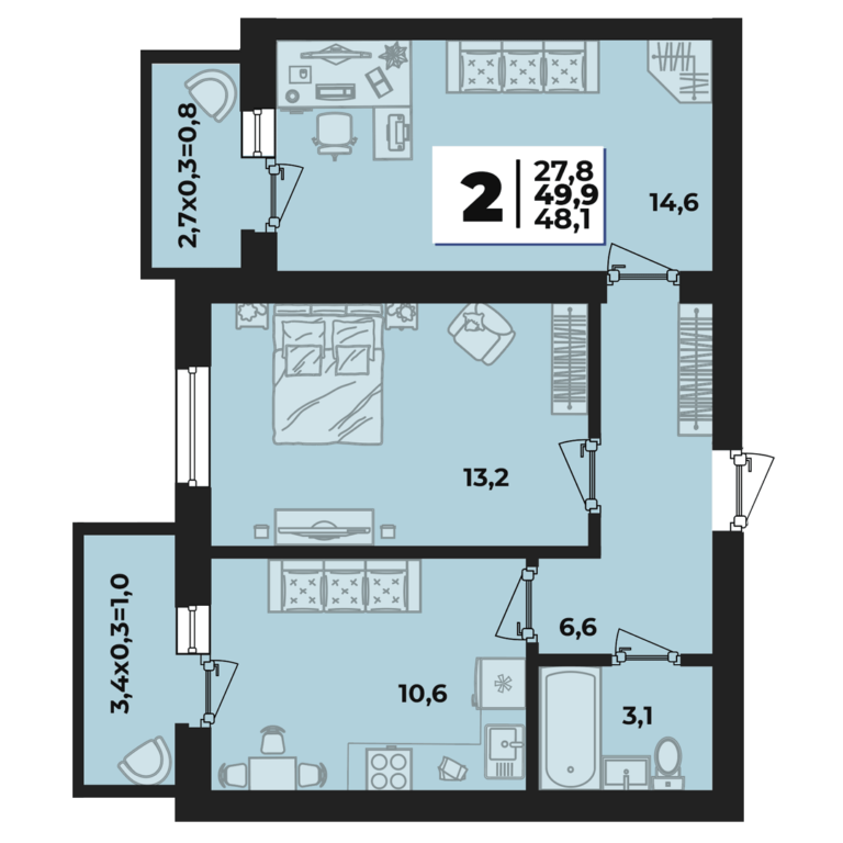 2 комнатная, 50 м²