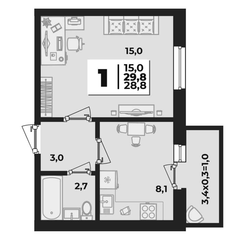 1 комнатная, 30 м²