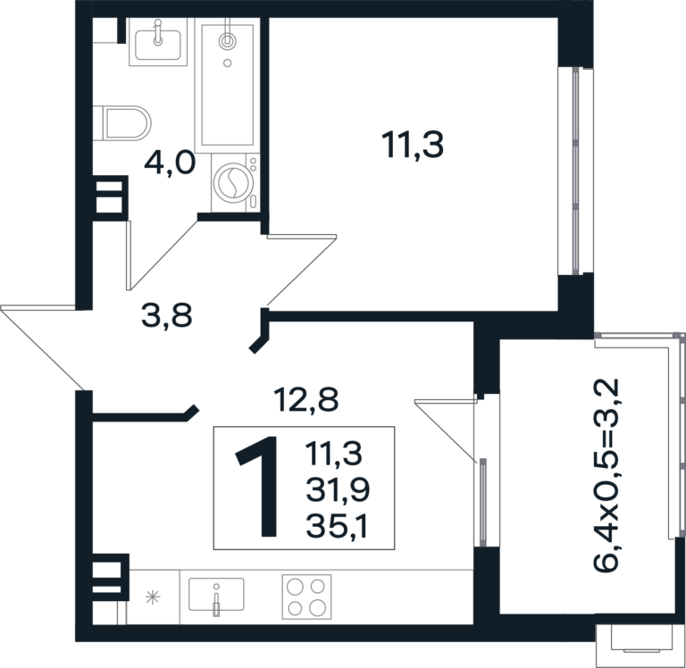 1 комнатная, 35 м²