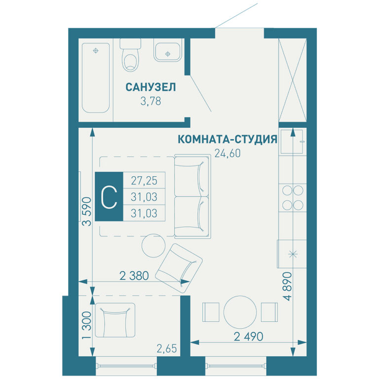 Студия, 31 м²
