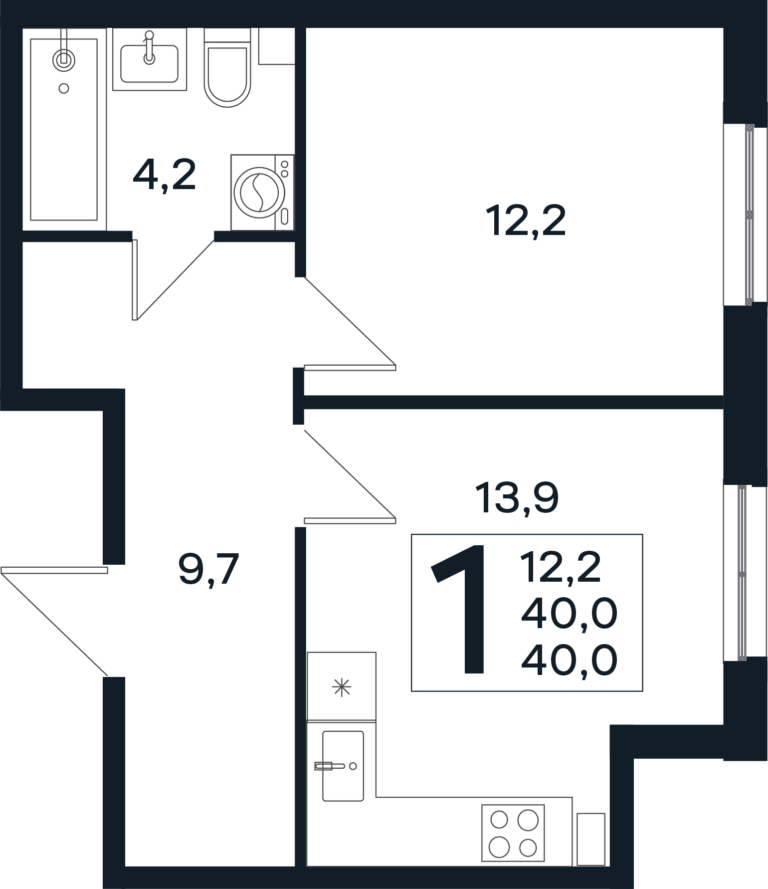 1 комнатная, 40 м²