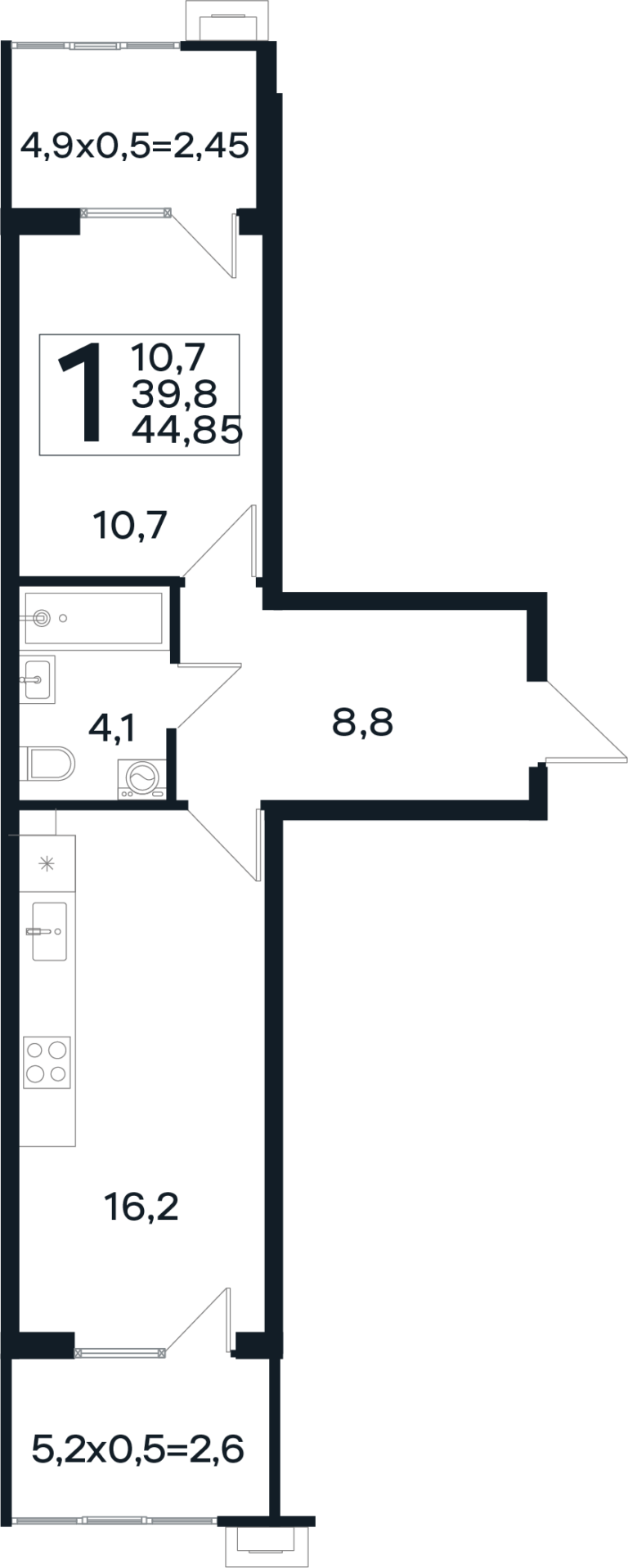1 комнатная, 44 м²