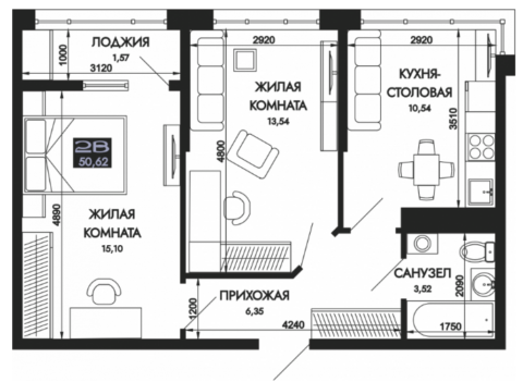 2-к. квартира, 50 м2, 7/9 эт. ЖК Вершины.