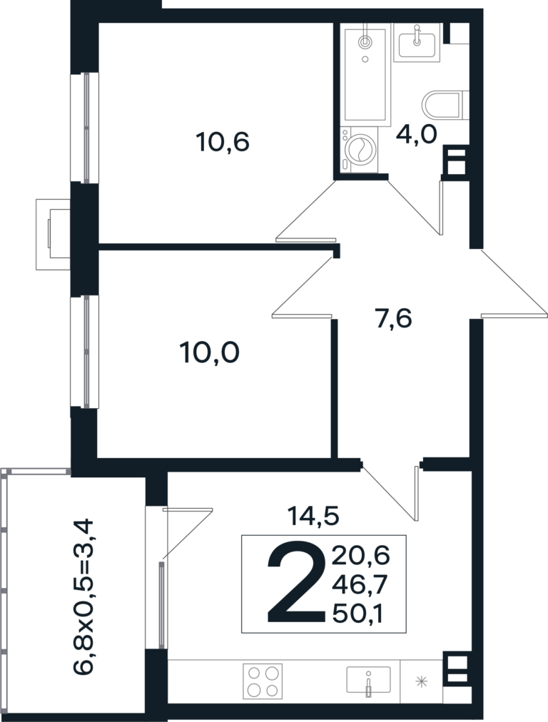 2 комнатная, 50 м²