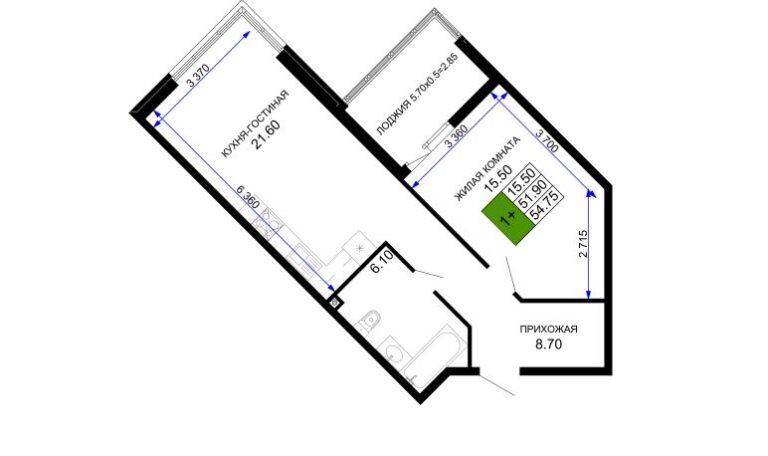 1 комнатная, 55 м²