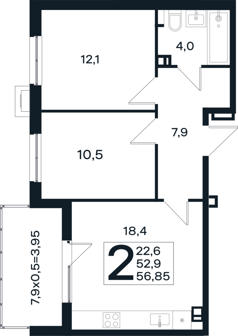 2 комнатная, 56 м²