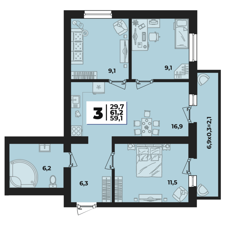 3+ комнатная, 61 м²