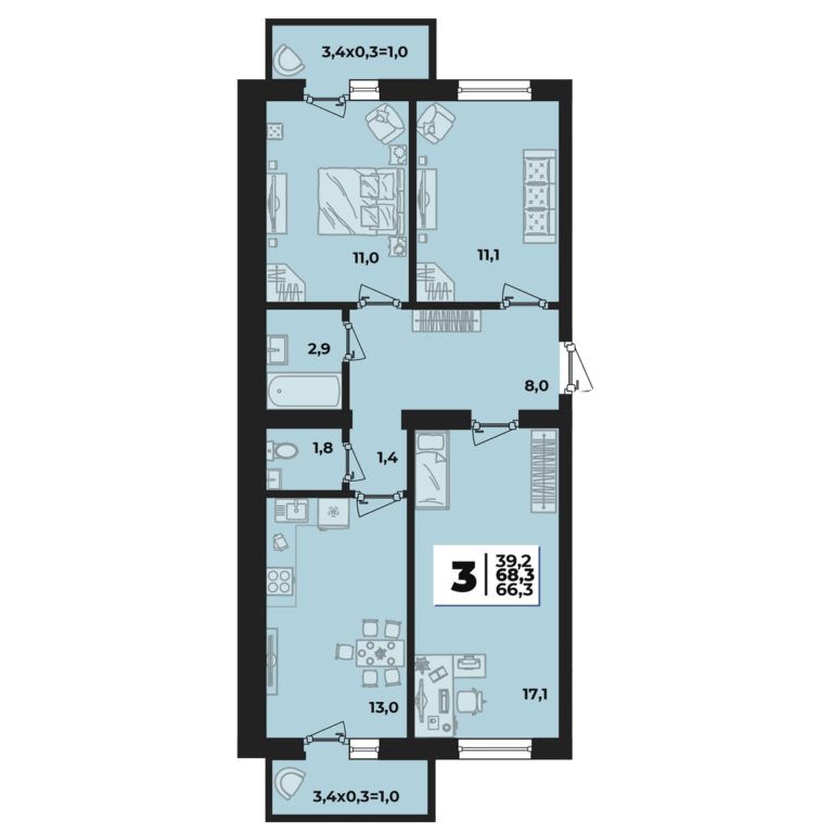 3+ комнатная, 68 м²
