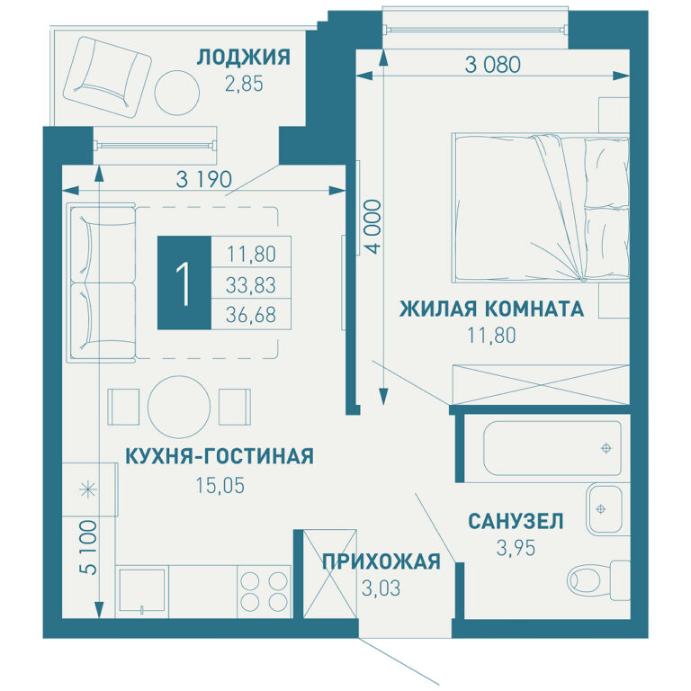 1 комнатная, 37 м²