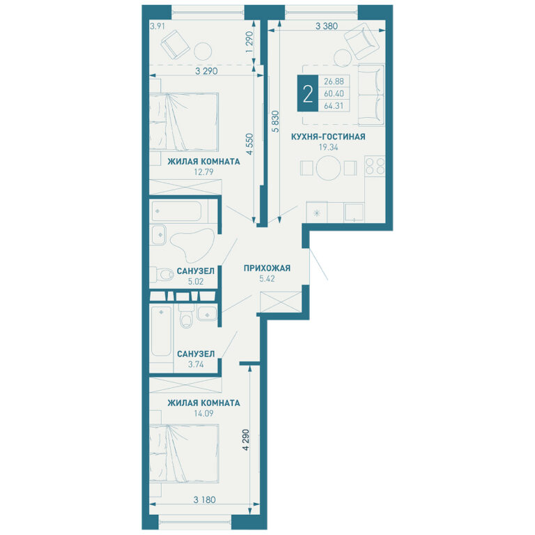 2 комнатная, 64 м²