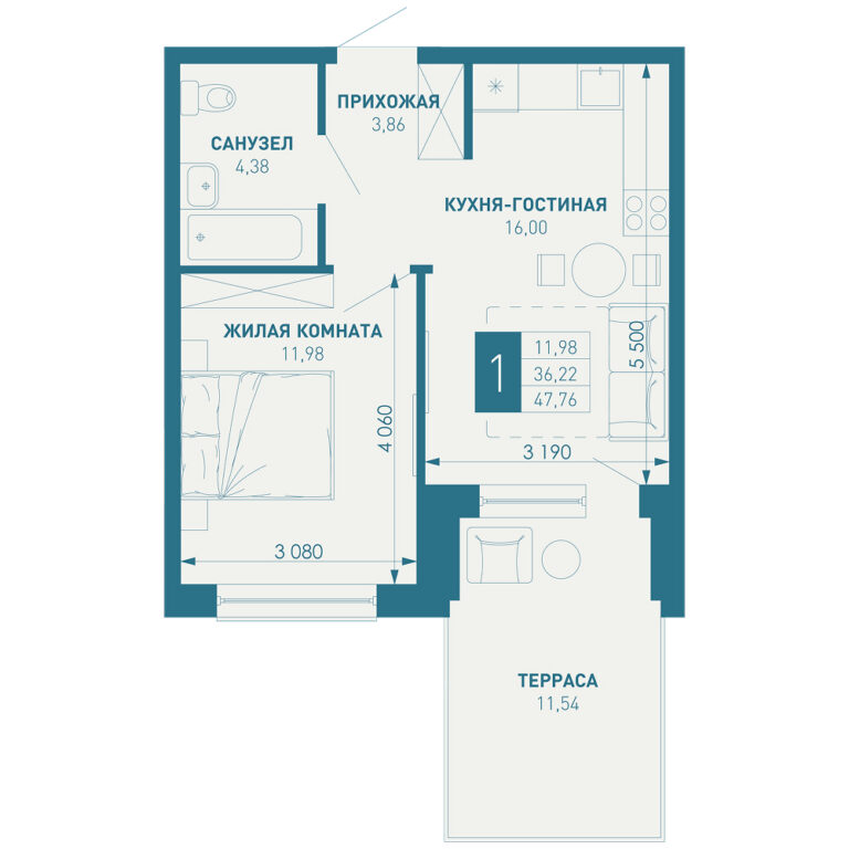 1 комнатная, 48 м²