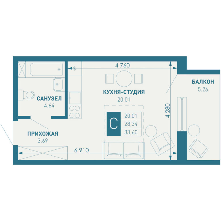 Студия, 34 м²