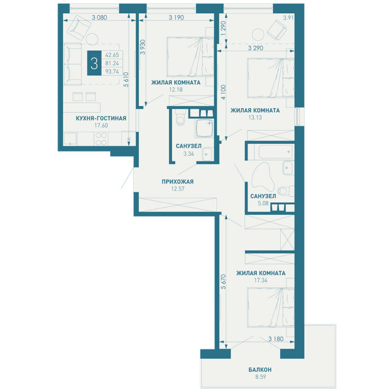3+ комнатная, 88 м²