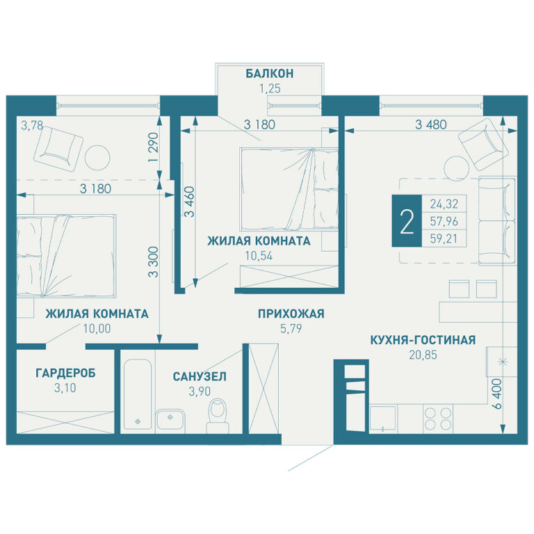 2 комнатная, 59 м²