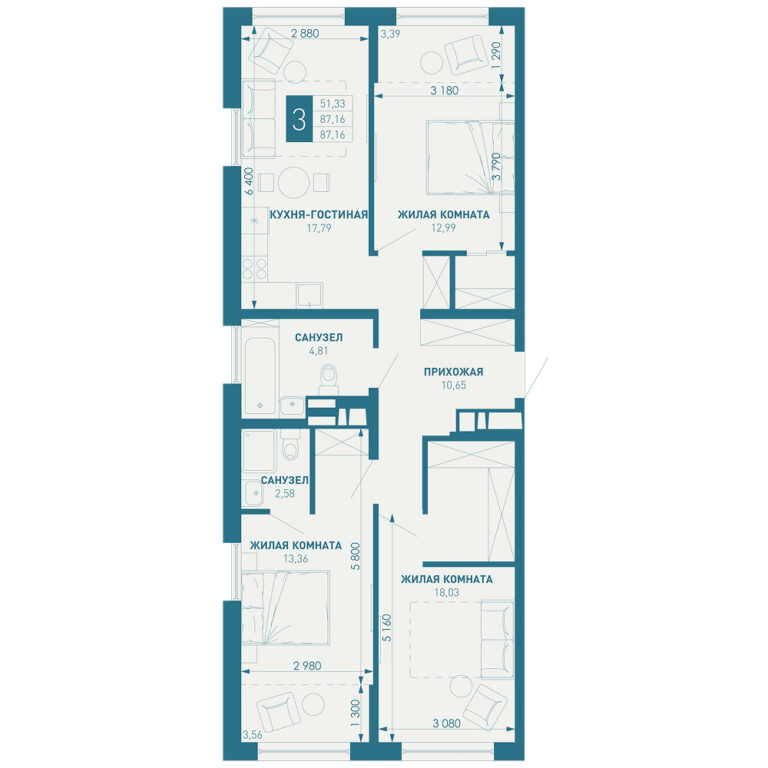 3+ комнатная, 87 м²