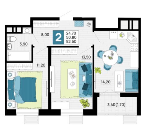 2-к. квартира, 52 м2, 12/17 эт. ЖК Традиции.