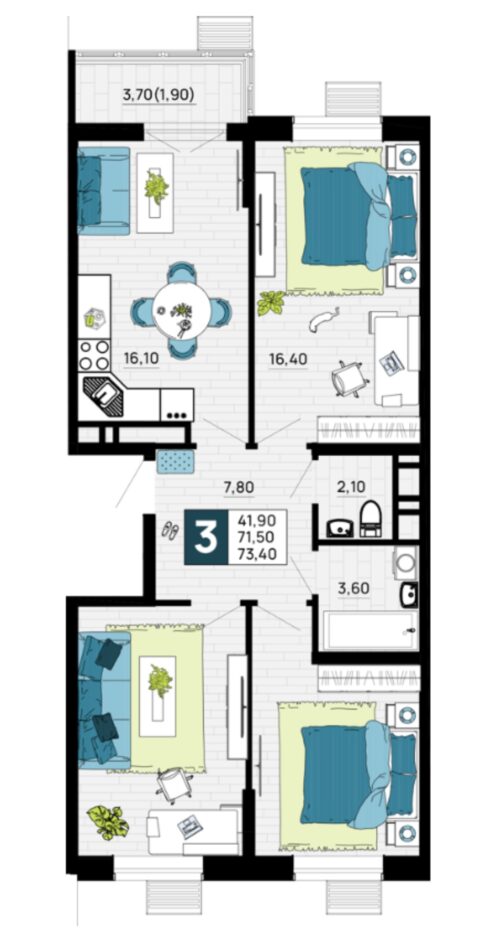 3-к. квартира, 73 м2, 12/17 эт. ЖК Традиции.