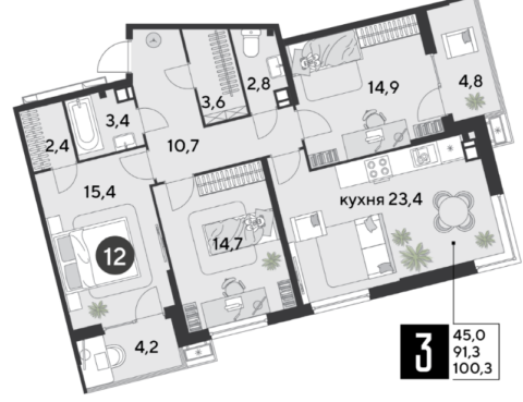 3-к. квартира, 100 м2, 9/9 эт. ЖК Парк Победы.