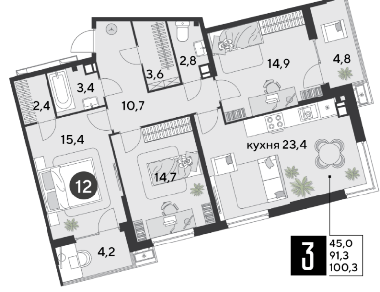 3+ комнатная, 100 м²