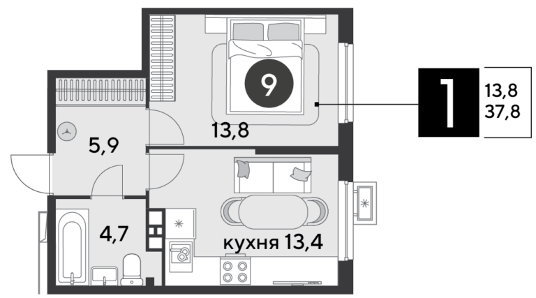1 комнатная, 37 м²