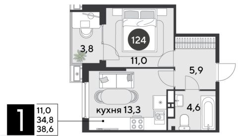 1-к. квартира, 38 м2, 8/18 эт. ЖК Парк Победы.