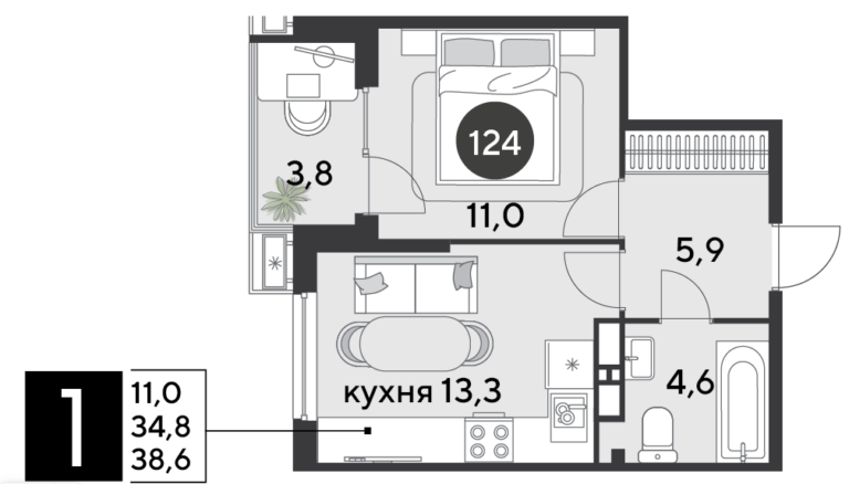 1 комнатная, 38 м²