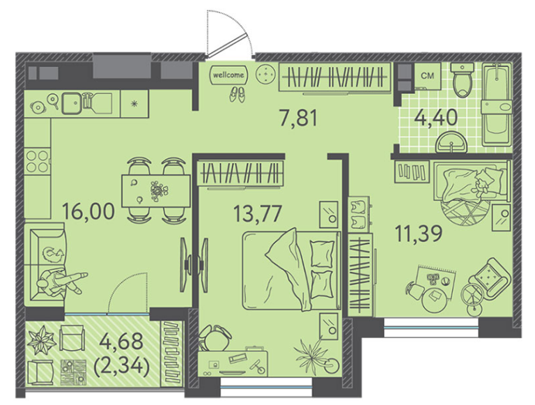 2 комнатная, 55 м²