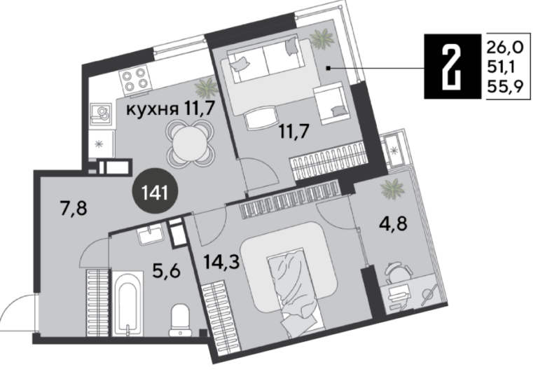 2 комнатная, 56 м²